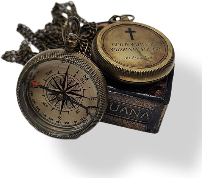 Brass Compass Unique Print 'GOD is with Yout' Engraved Compass with Leather Case and Chain A Great Gift Item for Your Loved Ones