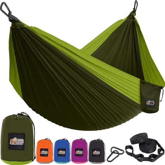 GORILLA GRIP Durable Portable Camping Hammock, Holds 400lbs with Heavy Duty Tree Straps, Comfortable Travel Swing, Camp Hammocks, Easy to Use and Install, Outdoor Essentials, Green, 9x4.5 FT