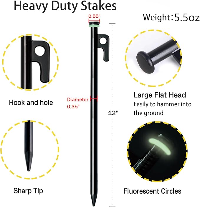 Tent Stake with Hammer, 12-Pack 12in Heavy Duty Tent Stakes + 10in Tent Stakes Hammer+Storage Pouch, Forged Steel Tent Stakes for Camping Used on Rocks, Grassland(12Pcs 12in Tent Stakes and Hammer)