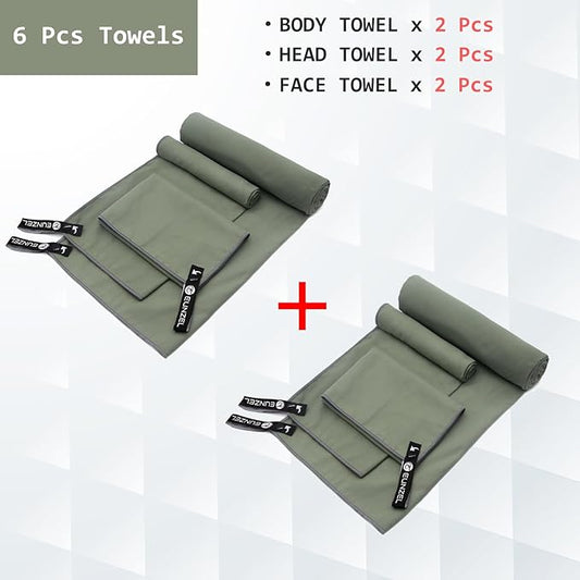 Eunzel 2 Set Quick Dry Camping Towel, Microfiber Travel Towel Super Absorbent Fast Drying Towel for Camping, Beach, Gym, Backpacking & Swimming(Two 3-Piece Towel Sets, Army Green)