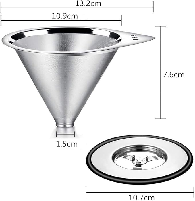 LHS Pour Over Coffee Dripper Stainless Steel Coffee Filter Metal Cone Filter Paperless Reusable Coffee Filter Single Cup Coffee Maker 1-2 Cup With Non-slip Cup Stand and Cleaning Brush