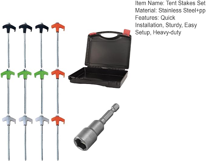 8" Screw in Tent Stakes - Ground Anchors Screw in, Screw in Tent Stakes Heavy Duty, Tent Pegs Camping Stakes, Metal Threaded Tent Spikes, Screw Tent Stakes with Hex Sleeves (12Pcs+Box Orange)