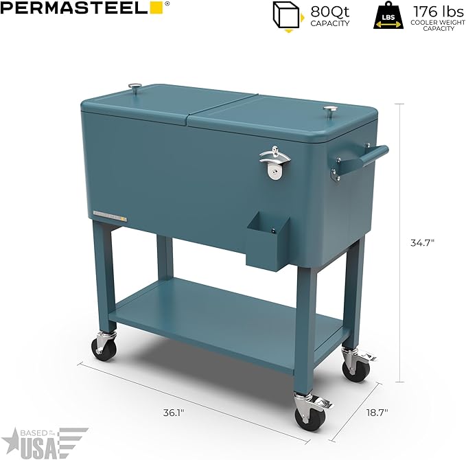Permasteel 80-Qt Outdoor Patio Cooler with Removable Basin, Outside Beverage Cooler Cart, Rolling Cooler with Wheels and Handles, Teal Green