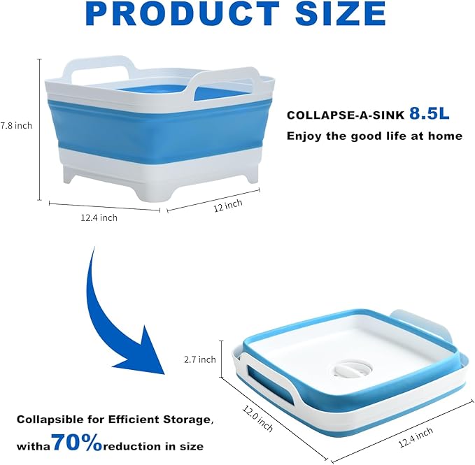 Collapsible Dish Basin Foldable Kitchen Sink With Drain Plug Plastic Laundry Tub 9L/2.4Gal RV & Camping Wash Basin Space-Saving Bottle Washing Sink(Blue)