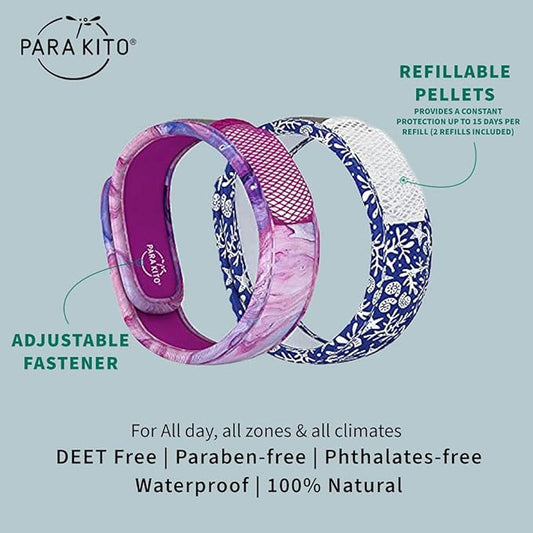PARA'KITO Mosquito Repellent Bracelets + Refill Pellets Bundle, Mosquito Bracelets, Peppermint Oil, DEET Free Mosquito Repeller, Hiking & Camping Accessories, 2 Wristbands & 2 Refills (Saturn + Reef)