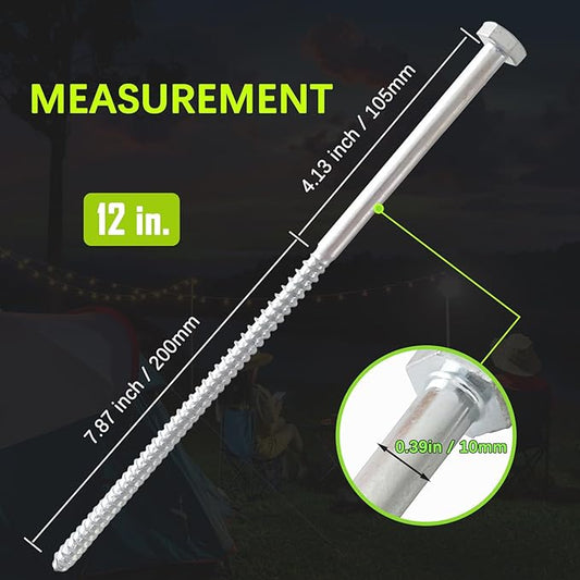 6pcs 3/8 x 12 inch Heavy Duty Camping Ground Anchors, Non-Rust Tent Stakes Screw in Kit for Securing Animals, Trampoline, Carports, Canopies, Sheds, Swing Sets, Ground Anchors for High Winds
