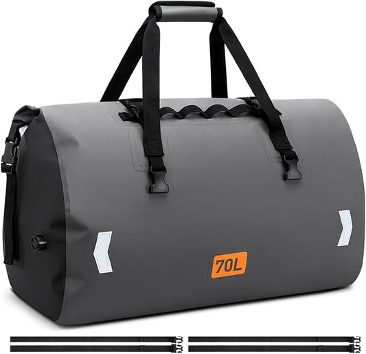 Motorcycle Dry Bag, Waterproof Duffel Bag & Roll-top Dry Duffel Bag, Motorcycle Luggage Travel Bag with Air Valve & Quick-adjust Straps For Riding,Travel, Grey，70L