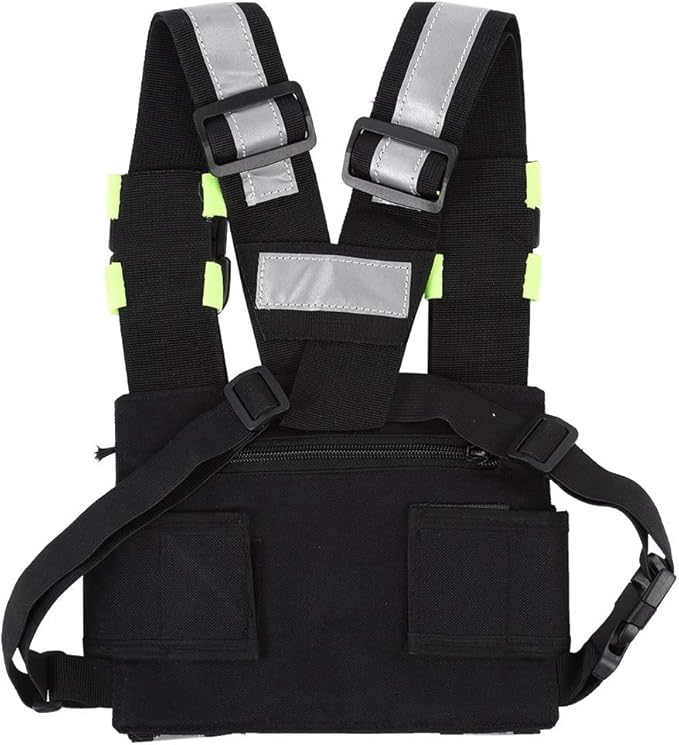 Radio Chest Harness Rig Holster Pack with Front Pouches Zipper Bag and Green Reflective Strips for Walkie Talkies Two Way Radio