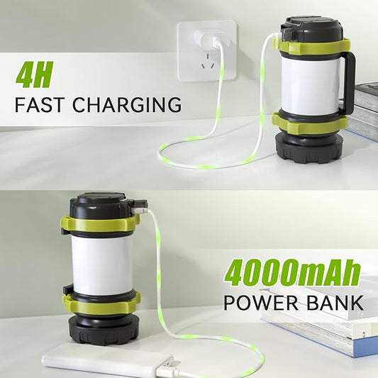 Alpswolf Camping Lantern Rechargeable, 4000mAh Camping Flashlight 6 Modes LED Lantern Portable Rechargeable Lanterns for Power Outage, Emergencies Light for Hiking, Green, 2 Packs