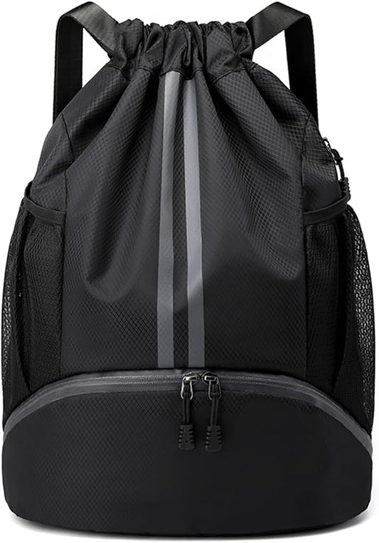 Sports Drawstring Backpack, Gym Bag with Water Bottle Holder Pockets, Shoe Compartment, Waterproof Pocket, Drawstring Bag for Women Men, Black