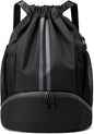Sports Drawstring Backpack, Gym Bag with Water Bottle Holder Pockets, Shoe Compartment, Waterproof Pocket, Drawstring Bag for Women Men, Black