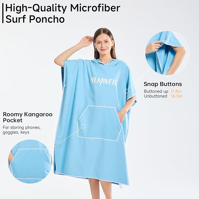 Microfiber Surf Poncho Changing Towel Robe with Changing Mat, Quick Dry Hooded Towel Poncho with Pocket for Beach, Pool, Swim, Wetsuit Changing (Light Blue)