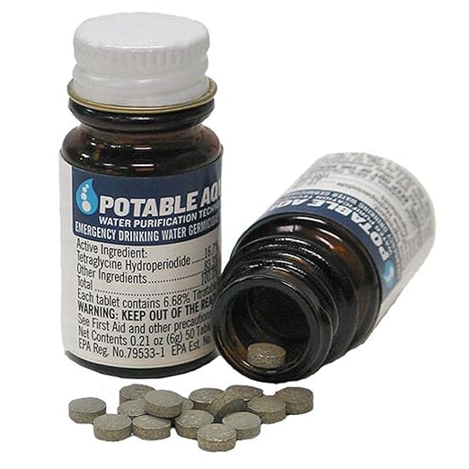 Potable Aqua Water Purification Treatment - Portable Drinking Water Treatment for Camping, Emergency Preparedness, Hurricanes, Storms, Survival, and Travel (50 Tablets), Black, single pack