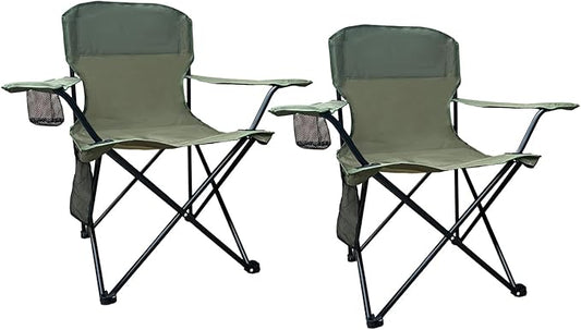 2PCS Folding Outdoor Beach Camp Chair with Cup Holder, Storage Pocket, Waterproof Bag Outdoor Arm Chair, Supports 225LBS, Green