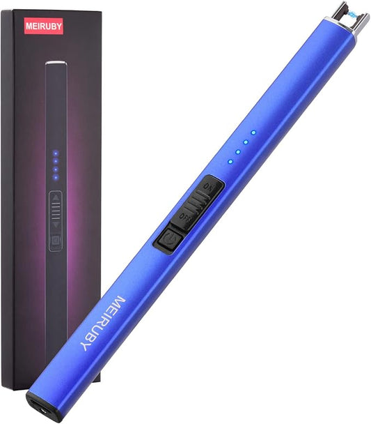 MEIRUBY Lighter Electric Candle Lighter Long Electronic Rechargeable USB Lighter Arc Windproof Flameless Lighters for Candle Camping BBQ Birthday Women's Day Gifts for Women Mom Wife Men, Blue