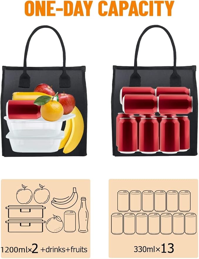 Fmeida Black Lunch Bag For Men Women Insulated Lunch Bags Waterproof Thermal Lunch Box Bag With Front Side Interior Pockets Reusable Lunch Kit
