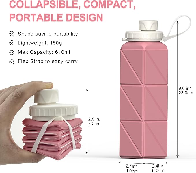 Collapsible Water Bottles 20.6oz, Silicone Foldable Portable Travel Water Bottle, Folding Lightweight Reusable Leakproof for Traveling Camping Hiking Cycling Yoga Sports Outdoor