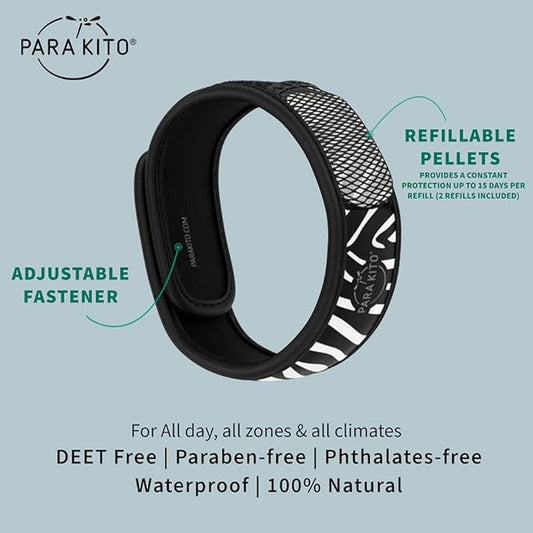 PARA'KITO Mosquito Insect & Bug Protection Wristband - Mosquito Stickers & Bug Spray Alternative - Summer Essentials, Beach Accessories, Hiking & Camping Essentials - Natural Essential Oils (Zebra)