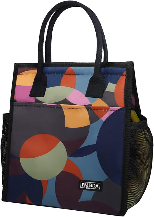 Fmeida Insulated Lunch Bag Women, Thermal Lunch Tote Bag, Reusable Lunch Box Bags for Women Lady | Front&Side&Inside Pockets Medium Colorful Circle