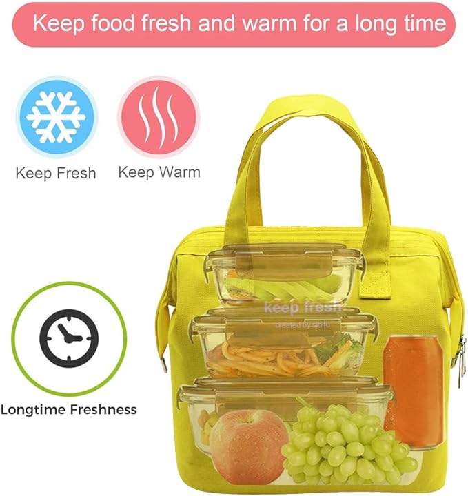 Mziart Insulated Lunch Bag Simple Bento Cooler Bag Lunch Tote Bag for Lunch Box for Women Men Adult Picnic Working Hiking Beach (Yellow)