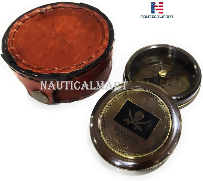 Brass Compass Pirates of Caribbean Jack Sparrow Pocket Antique Gift Free Embossed Leather Case Personalized Compass Engraved, Gift for Baptism, Confirmation, Graduation, Anniversary