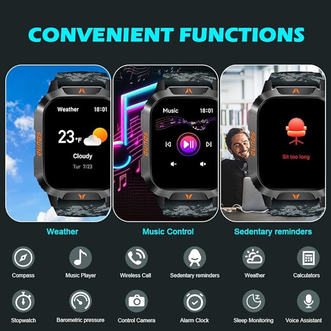 QTLLBT Men's Military Smart Watch HD Compass Altimeter Barometer Fitness Tracker Sports Watch Pedometer Mountaineering Watch Sleep Monitoring Function Men's and Women's Watches