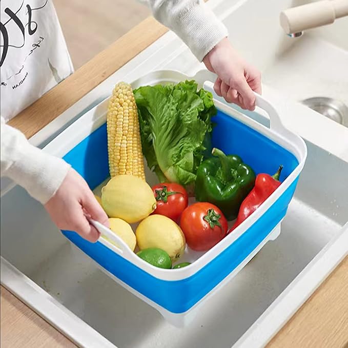 2.4 Gal(9L) Collapsible Dish Basin with Drain Plug, Space Saving Outdoor Multiuse Foldable Sink Tub, Dishpan, Kitchen Storage Tray for Camping, Vegetable Washing, RV (Sky Blue)