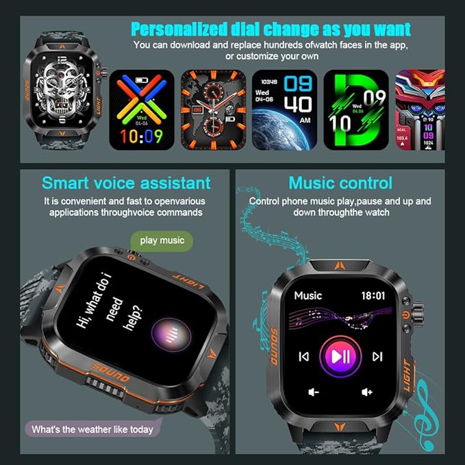 QTLLBT Men's Military Smart Watch HD Compass Altimeter Barometer Fitness Tracker Sports Watch Pedometer Mountaineering Watch Sleep Monitoring Function Men's and Women's Watches