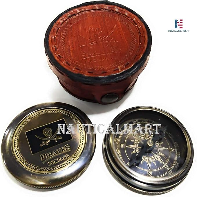Brass Compass Pirates of Caribbean Jack Sparrow Pocket Antique Gift Free Embossed Leather Case Personalized Compass Engraved, Gift for Baptism, Confirmation, Graduation, Anniversary