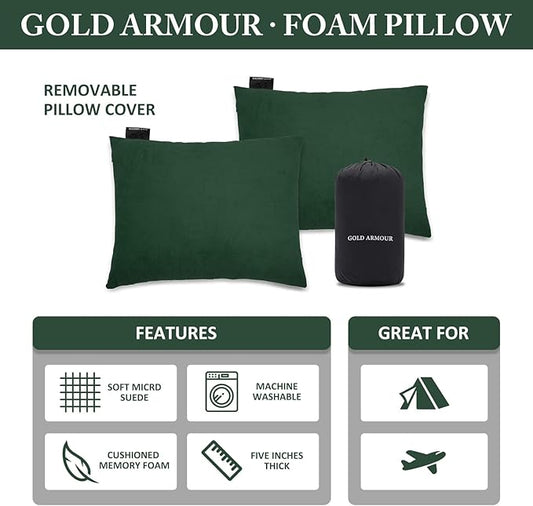 Gold Armour Camping Pillow Memory Foam - Compact Compressible Backpacking, Hammock, and Travel Pillows for Kids and Adults - Essential Outdoor & Camping Gear (Small 12 x 16in, Green)