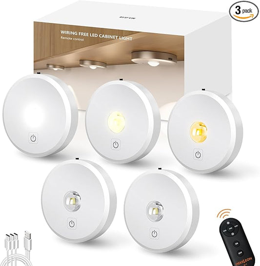 Puck Lights with Remote Control,2000mAh Rechargeable Under Counter Lighting,3 Color Temperatures Dimmable Under Cabinet,Closet Light,3Pack Tap Light for Hallway (White, 5 Pcs)