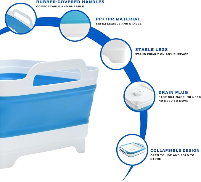 Collapsible Dish Basin Foldable Kitchen Sink With Drain Plug Plastic Laundry Tub 9L/2.4Gal RV & Camping Wash Basin Space-Saving Bottle Washing Sink(Blue)