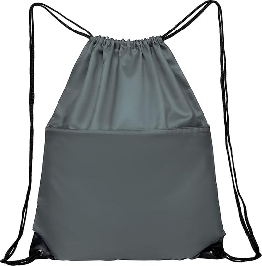 BuyAgain Drawstring Backpack Sports Water Resistant String Bag Sport Gym Sackpack for Women Men Large with Zipper, Grey