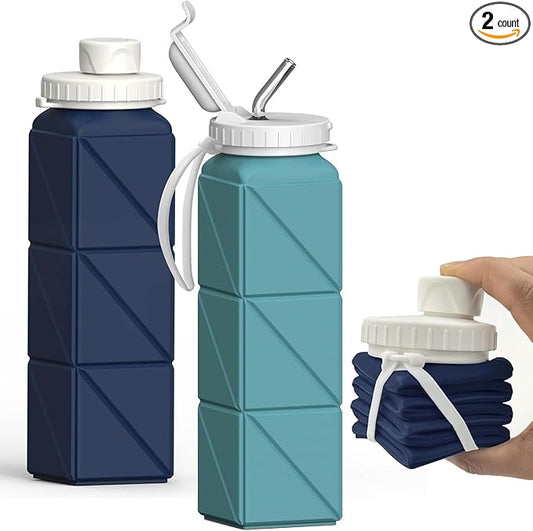 Collapsible Water Bottles 20.6oz, Silicone Foldable Portable Travel Water Bottle, Folding Lightweight Reusable Leakproof for Traveling Camping Hiking Cycling Yoga Sports Outdoor