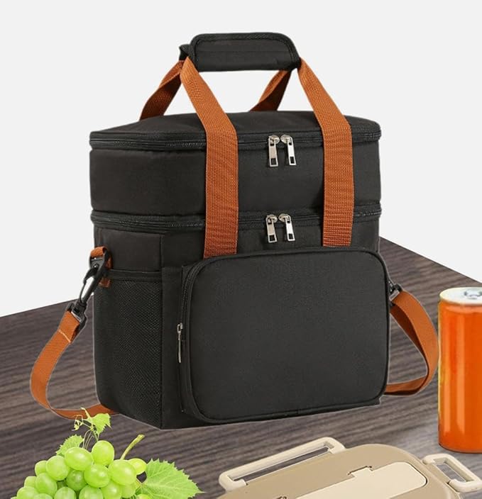 Double Layer Insulated Cooler Lunch Bag – Leakproof Thermal Food Storage Tote with Shoulder Strap – Large Capacity for Work, Travel, or Picnic – Available in Gray, Black & Navy Blue