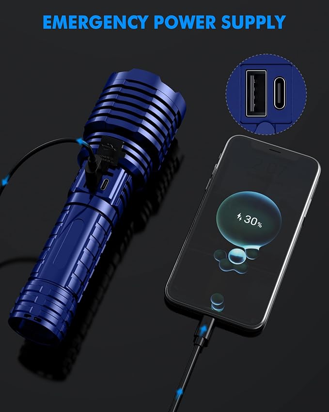 Super Bright Rechargeable LED Flashlights, 2500.000 True High Lumens, Powerful Tactical Flashlight Up to 25H Long Battery Life |Zoomable|5Light Modes|IP67 Water Resistant for Camping (Blue)