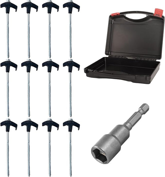 8" Screw in Tent Stakes - Ground Anchors Screw in, Screw in Tent Stakes Heavy Duty, Tent Pegs Camping Stakes, Metal Threaded Tent Spikes, Screw Tent Stakes with Hex Sleeves (12Pcs+Box Black)