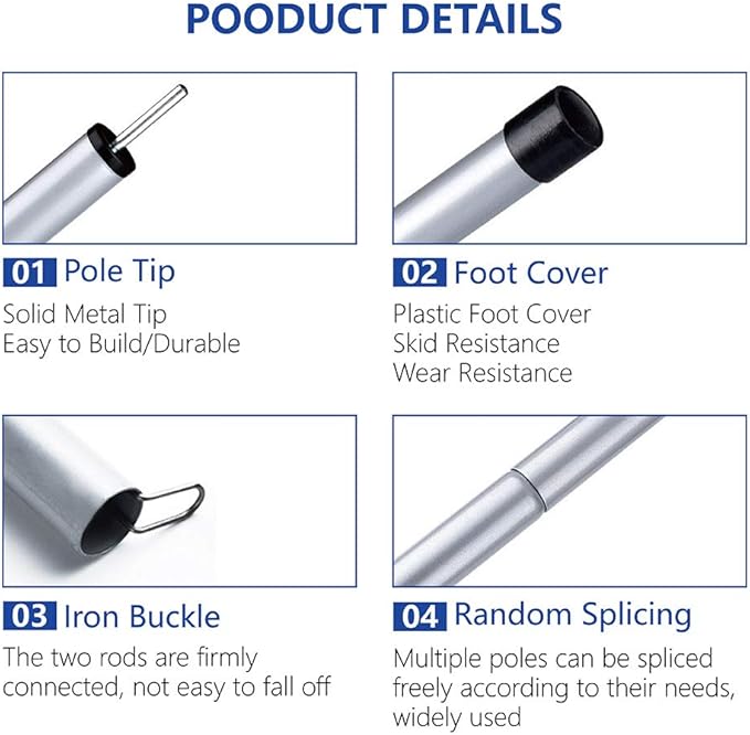 Long Leaf Tent Poles,Adjustable Steel Rods for Camping Tarps,Backpacking,Shelters,Portable Tarp Poles Rods-2 Pack
