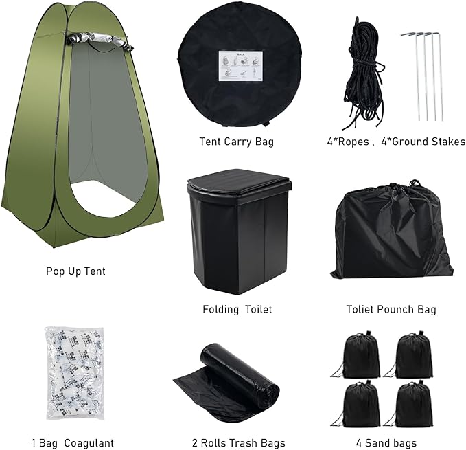 Portable Camping Toilet Kit for Adults, Pop up Privacy Tent, X Large Folding Toilet Potty with Camping Tent, Outdoor Instant Shower Tent Camp Toilet Changing Dressing Room (Green)