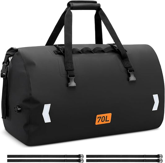 Motorcycle Dry Bag, Waterproof Duffel Bag & Roll-top Dry Duffel Bag, Motorcycle Luggage Travel Bag with Air Valve & Quick-adjust Straps For Riding,Travel, Black, 70L