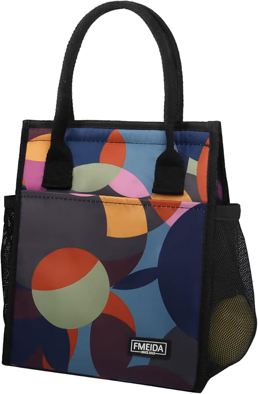 Fmeida insulated Lunch Bag Women, Thermal Lunch Tote Bag, Reusable Lunch Box Bags for Women Lady | Front&Side&Inside Pockets, Small Colorful Circle
