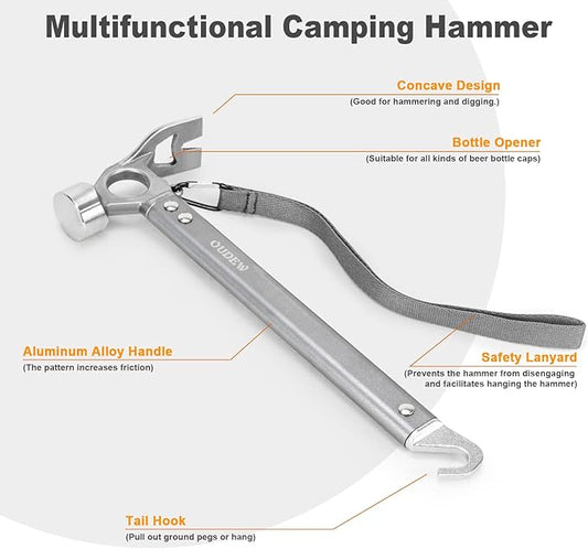 Tent Stakes and Hammer Set,10pcs 10 in Heavy Duty Metal Tent Stakes + 12in Camping Hammer + Reflective Camping Rope + Storage Bag,Camping Accessories for Ground,Camp and Graden(Black)