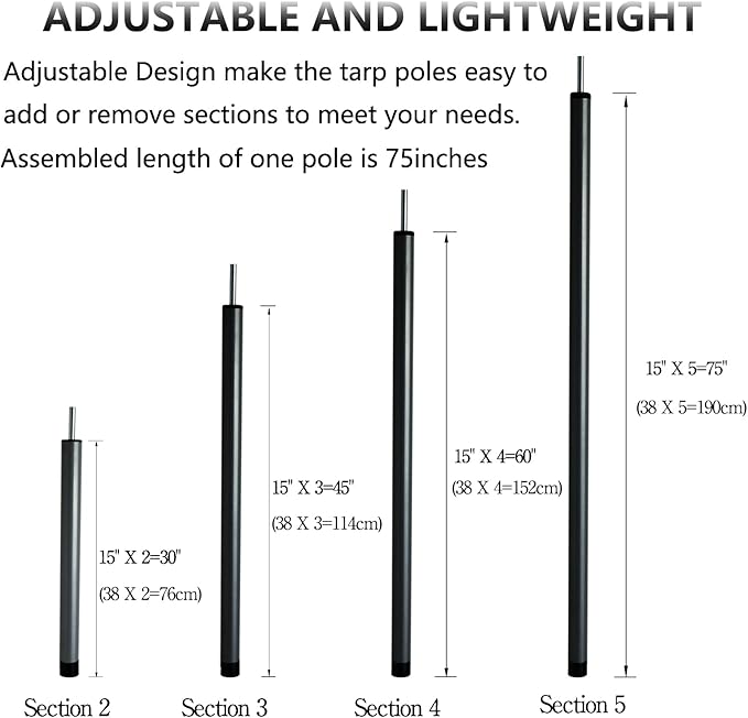 Tent Poles Adjustable Tarp Poles Steel Rods for Tarp Canopy Camping Replacement Set of 2 +Pegs & Reflective Ropes
