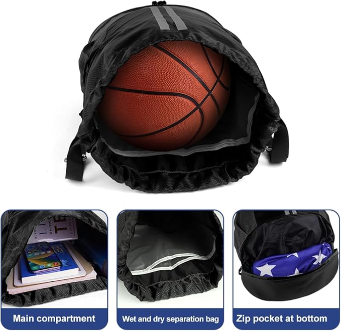 Drawstring Backpack, Waterproof Sports Backpack, Large Sports Gym Bag With Shoe Compartment and Water Bottle Mesh Pockets, for Sports Beach Holidays Swimming Travel (Black)