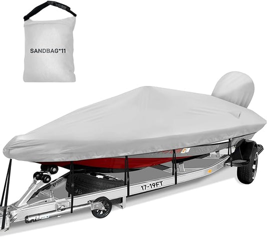 Boat Cover 17-19ft, Bass Tracker Boat Cover with Sand Bag Mooring Kit, 1200D Marine Canvas Waterproof Heavy Duty Boat Covers for 17 feet 18ft 19' Foot V Hull Bass & Runabout Boat,Gray
