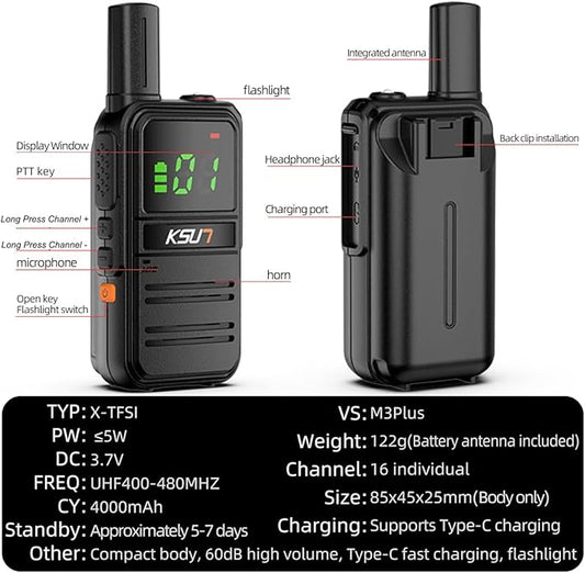 2 Pack Long Distance Walkie Talkies Portable FRS Two-Way Radios, 4000mAh Rechargeable Battery, 16 Channel for Cruise Camping Hiking KSUN M3Plus