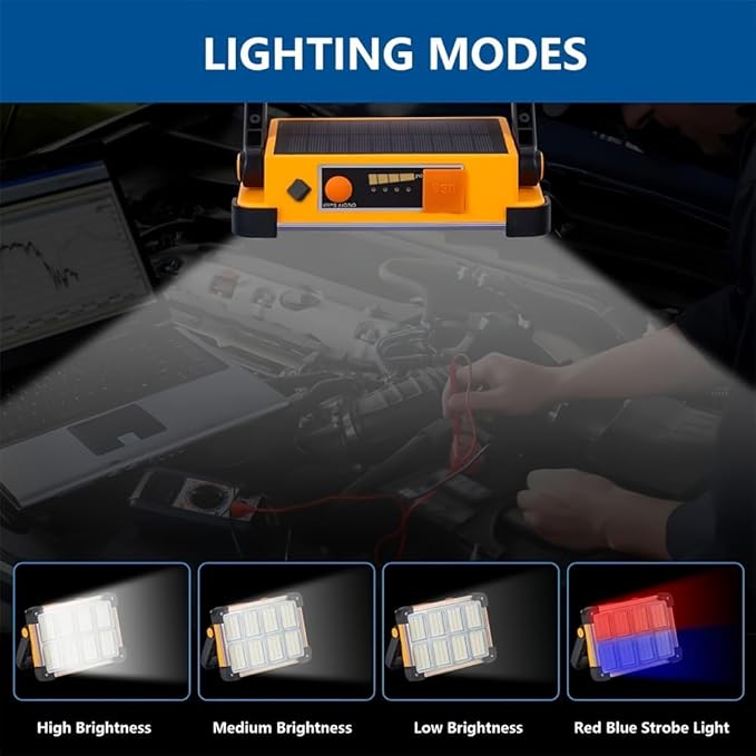 120W LED Solar Work Light, 144 LED 10000LM Portable Flood Light with Stand, 4 Modes Rechargeable Power Bank, IP65 Waterproof Outdoor Working Light for Camping, Fishing, Car Repair & Mechanics (1)