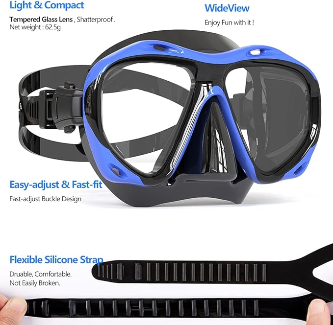 COPOZZ Adult Scuba Mask, Dive Mask Anti Fog Snorkeling Scuba Diving Glasses, Great Seal Free Diving Tempered Glass Mask Goggles