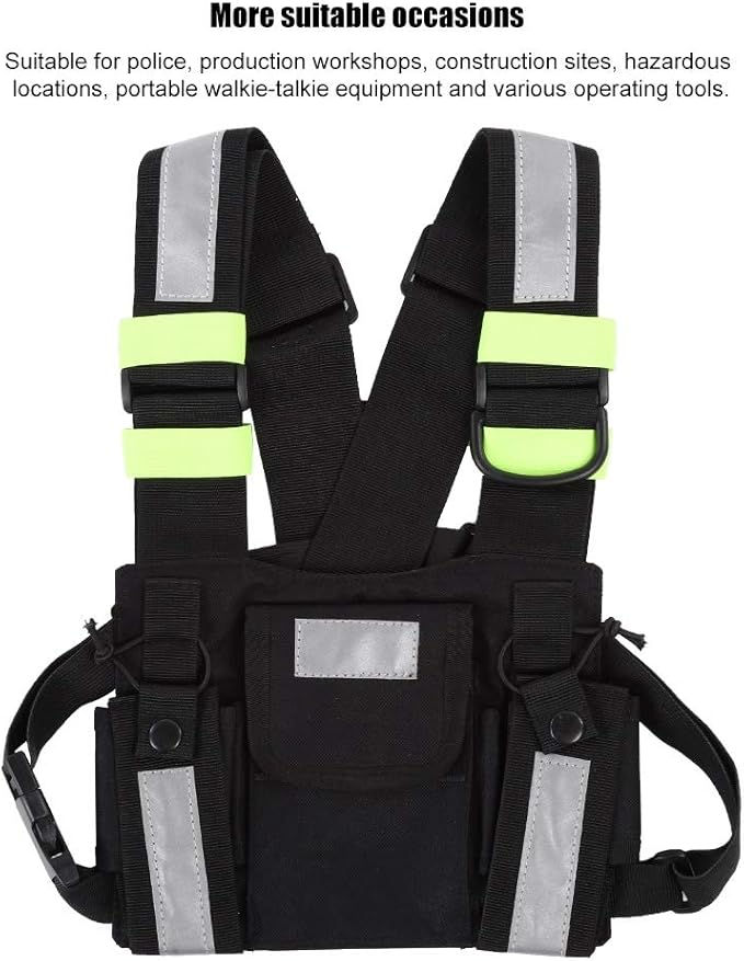 Radio Chest Harness Rig Holster Pack with Front Pouches Zipper Bag and Green Reflective Strips for Walkie Talkies Two Way Radio