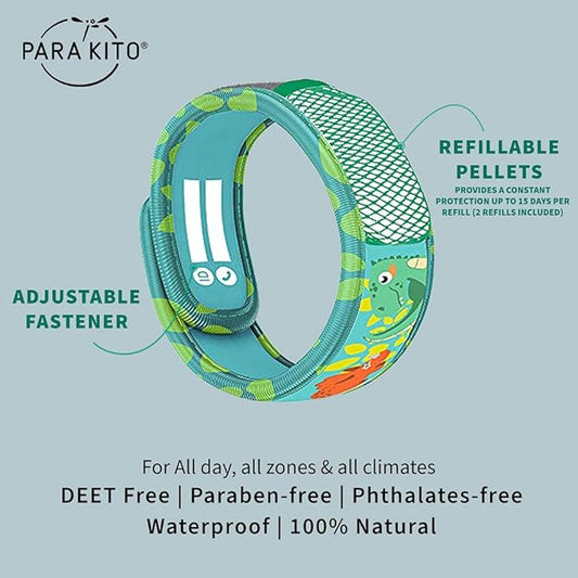 PARA'KITO Bug & Mosquito Bracelets for Kids | Mosquito Spray Alternative | Waterproof, Outdoor Insect Wristband w/Natural Essential Oils | Hiking, Trekking & Camping Accessories (Green Dinosaur)